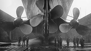 gray propeller, photography, ship, monochrome, propeller