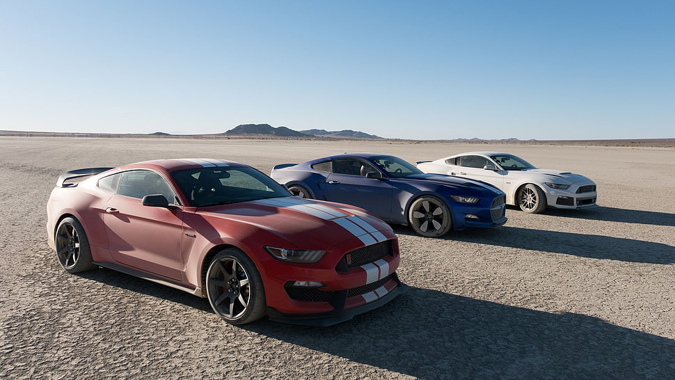 three assorted-color Ford Mustang GT's, car, Ford Mustang, The Grand Tour, gt350r HD wallpaper