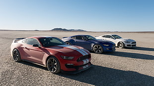 three assorted-color Ford Mustang GT's, car, Ford Mustang, The Grand Tour, gt350r HD wallpaper