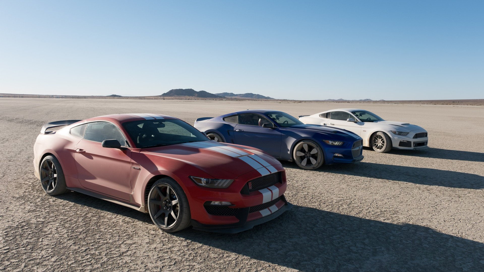 three assorted-color Ford Mustang GT's, car, Ford Mustang, The Grand Tour, gt350r