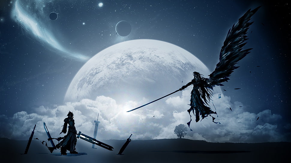 Final Fantasy 7's Cloud Strife and Sephiroth digital wallpaper, Final Fantasy, wings, Moon, planet HD wallpaper