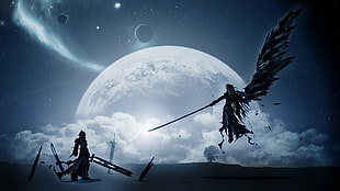 Final Fantasy 7's Cloud Strife and Sephiroth digital wallpaper, Final Fantasy, wings, Moon, planet