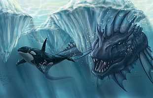 orca Whale beside water dragon illustration