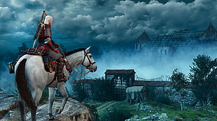 man riding white horse on cliff painting, The Witcher, The Witcher 3: Wild Hunt, Geralt of Rivia, DLC
