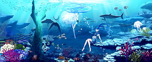 woman under the sea wallaper, Vocaloid, Hatsune Miku, long hair, twintails