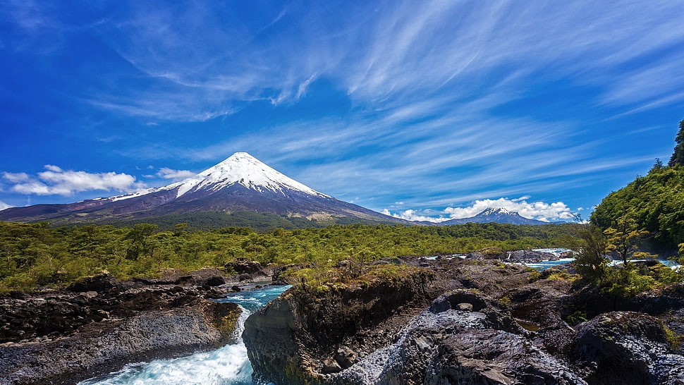 river near mountain under white clouds at daytime, nature, landscape, volcano, mountains HD wallpaper