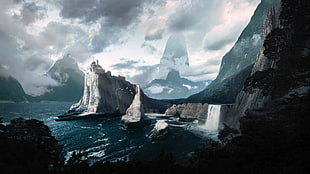 mountain cliff near sea, digital art, landscape, fantasy art