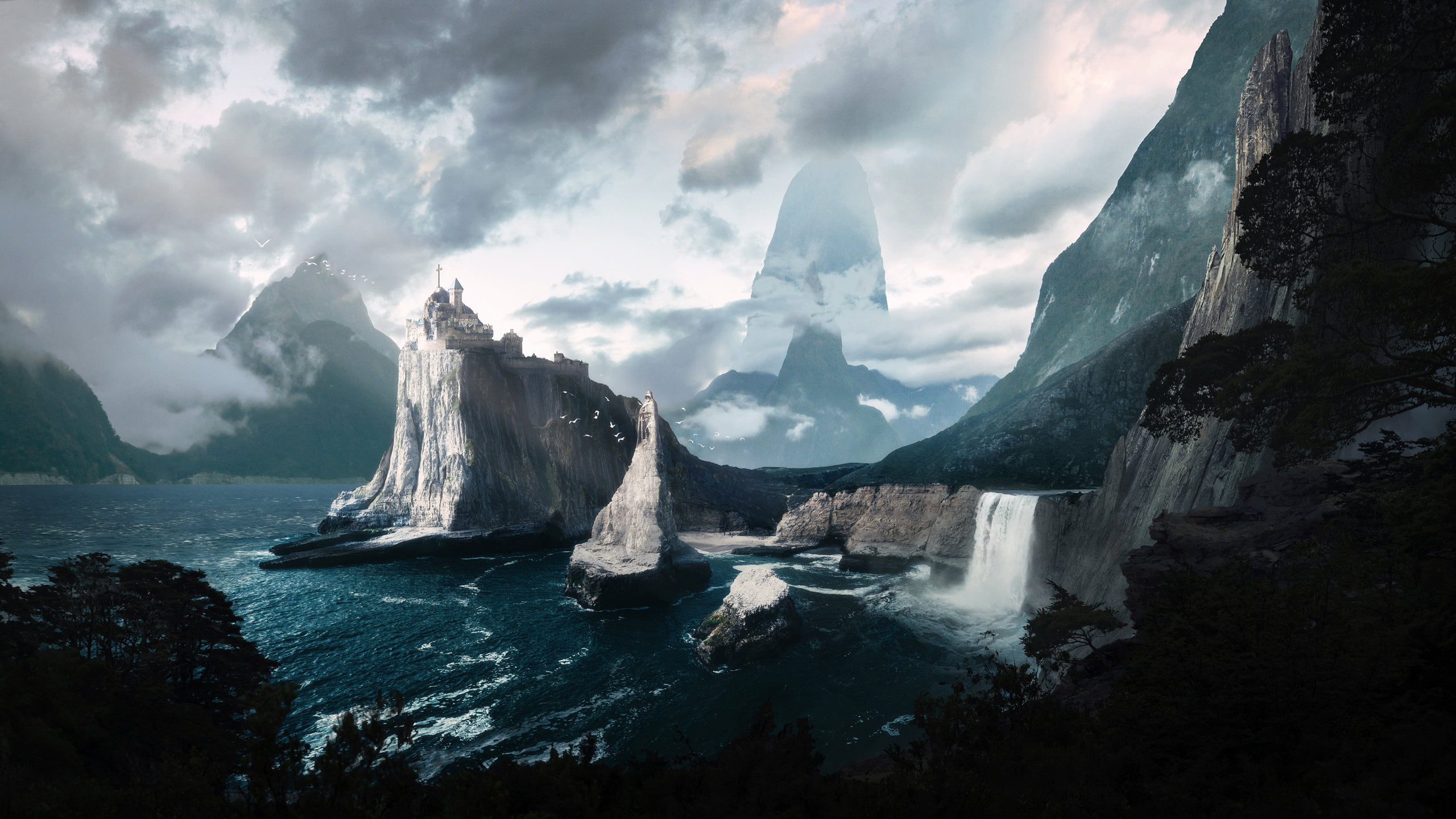 mountain cliff near sea, digital art, landscape, fantasy art HD wallpaper.