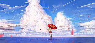 female anime character under red umbrella illustration, Kantai Collection, umbrella, clouds, water