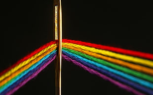 macro shot photography of red, yellow, orange, green, blue and purple threads on silver needle head