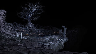 bare tree in grayscale photo, Dark Souls, Dark Souls III, night, video games HD wallpaper