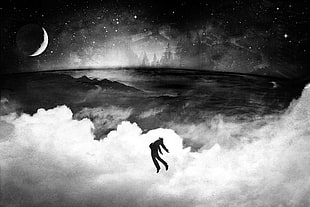 silhouette of person on the sky painting, Dreamworld, dark, Moon, stars