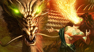 Dragon with green eyes and man in black robe breathing fire illustration
