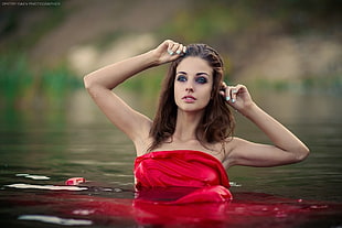 women's red dress, Alla Berger, women, model, river HD wallpaper