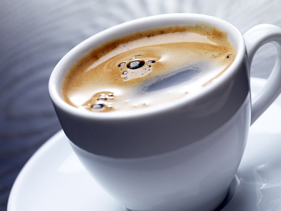 white ceramic cup with black coffee HD wallpaper