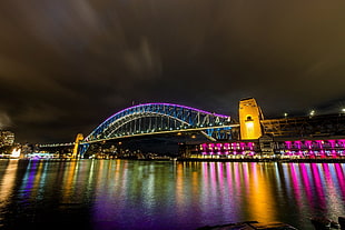 poster of bridge, bridge, lights, reflection, night