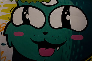 green and black cat logo, street art, humor, eyes, cat