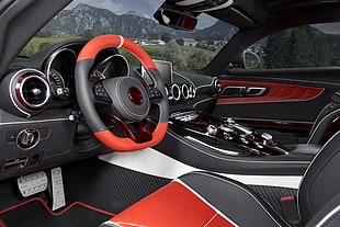 grey and red vehicle steering wheel