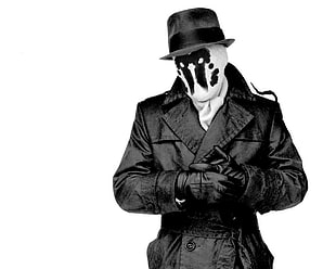 black trench coat, Rorschach, Watchmen, movies, monochrome