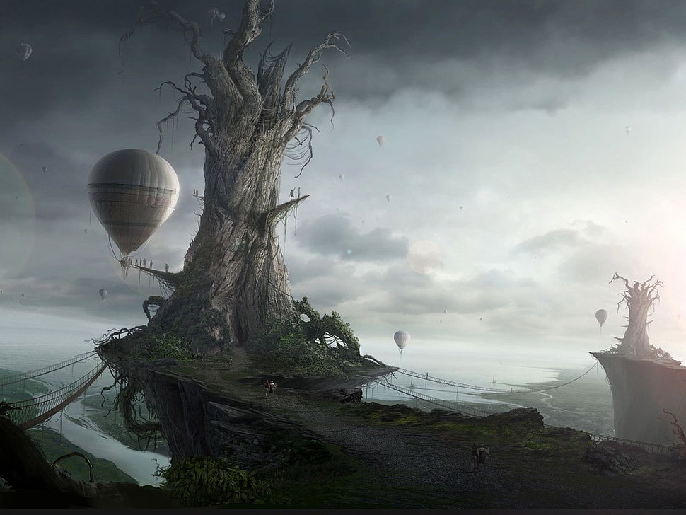 withered tree house illustration, hot air balloons, fantasy art, digital art, artwork HD wallpaper