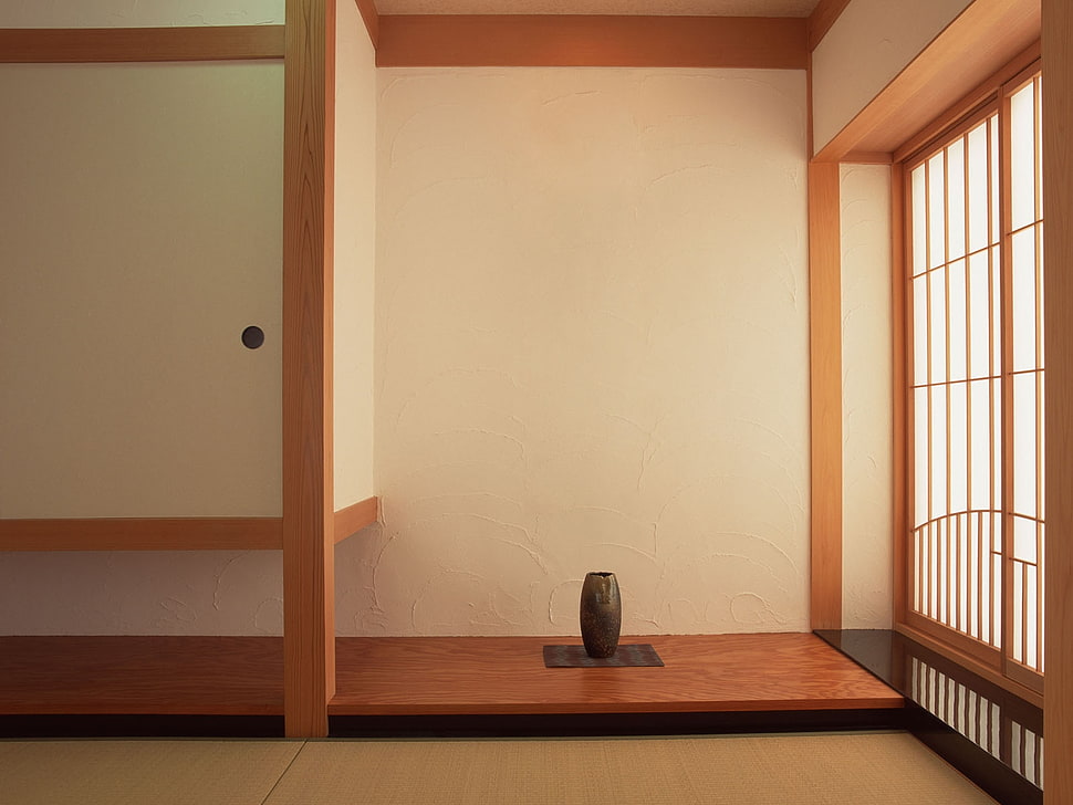 brown vase near beige painted wall HD wallpaper