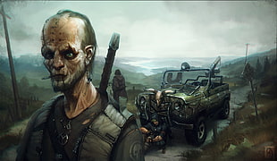 animated male character near jeep illustration, apocalyptic, digital art