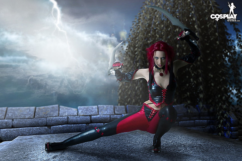 woman wearing red and black cosplay costume HD wallpaper