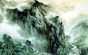 black and gray mountain illustration, nature