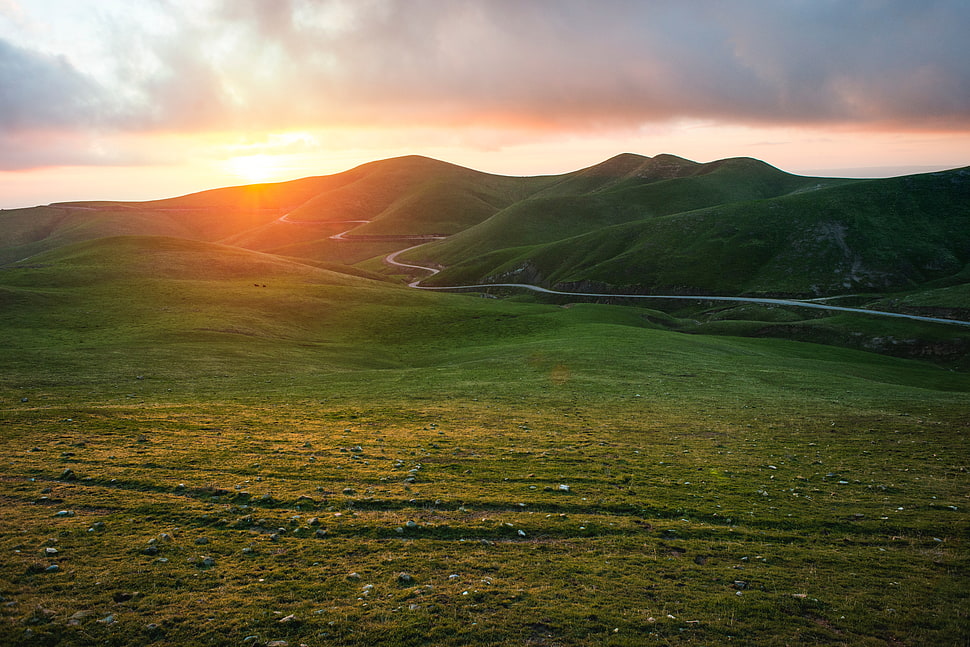 green grass field, Valley, Grass, Sunset HD wallpaper