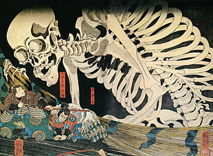 two men and skeleton artwork, artwork, fantasy art, samurai, skeleton