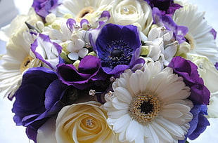 bouquet of white and purple flowers