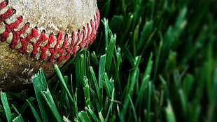 close-up photography of baseball on grass
