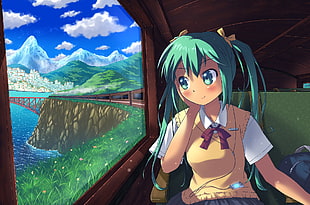 girl with green hair riding train anime illustration