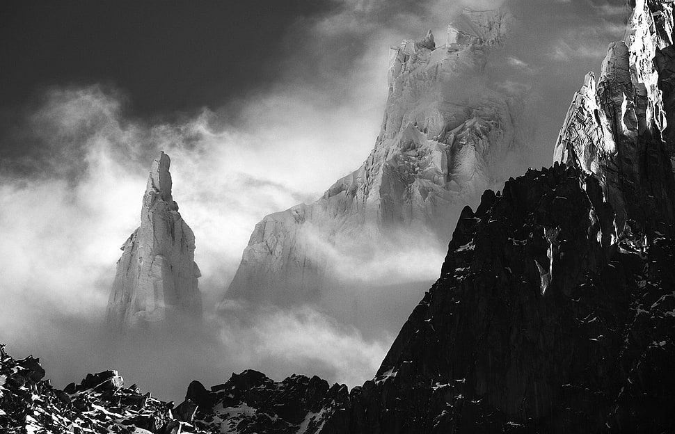 grayscale photography of mountain range wallpaper, nature, landscape, mist, mountains HD wallpaper