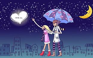 man and woman holding umbrella walking during nighttime illustration