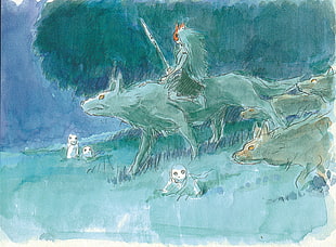 person riding animal painting, Studio Ghibli, Princess Mononoke, Ashitaka, artwork