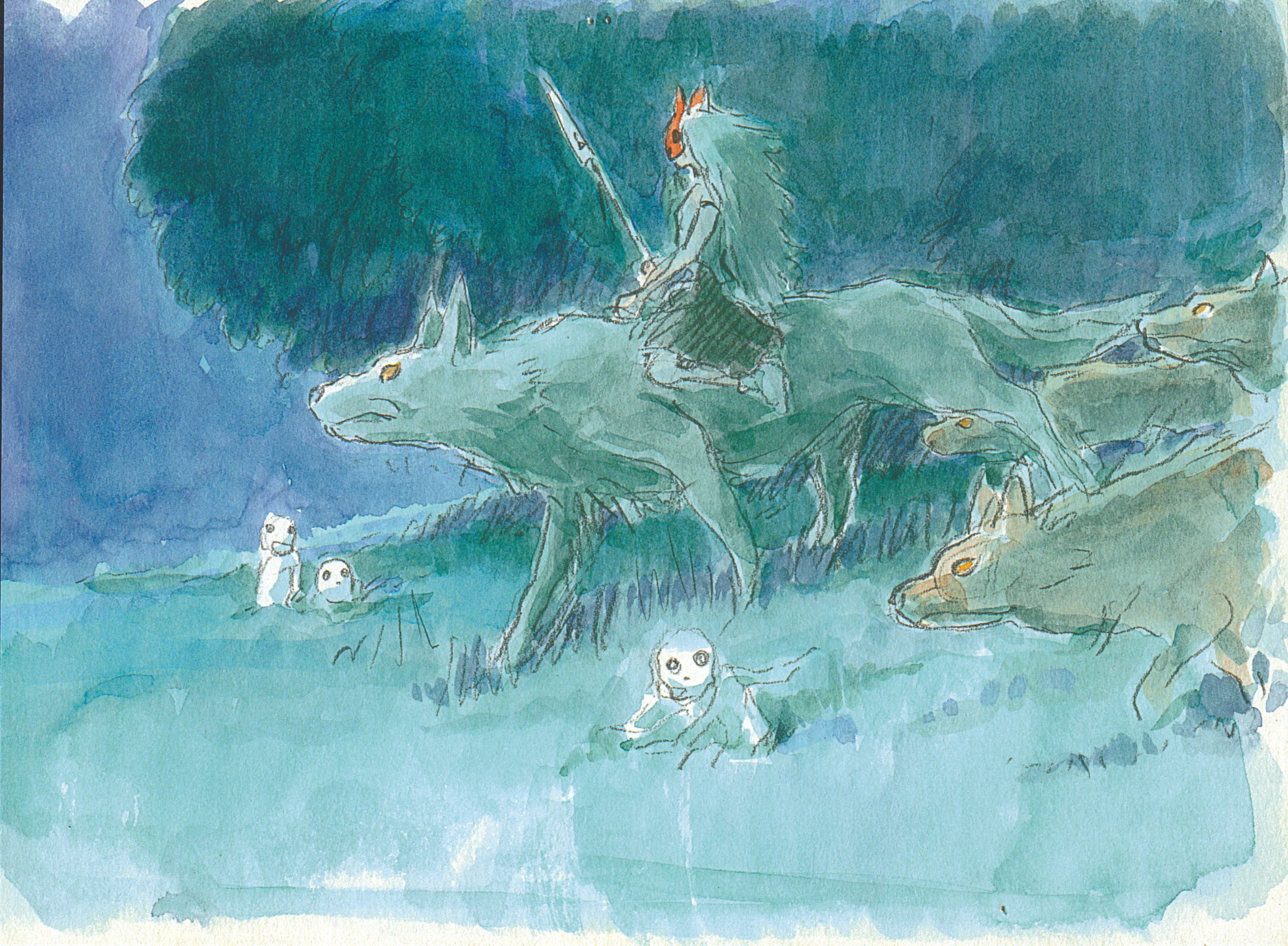 person riding animal painting, Studio Ghibli, Princess Mononoke, Ashitaka, artwork