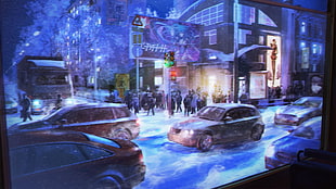 cars on road beside group of people and building painting, Everlasting Summer, car, winter, snow