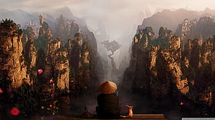 person wearing brown hat in front of mountains illustration, fantasy art
