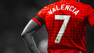 red and white Nike jersey shirt, Manchester United , Antonio Valencia, men, selective coloring