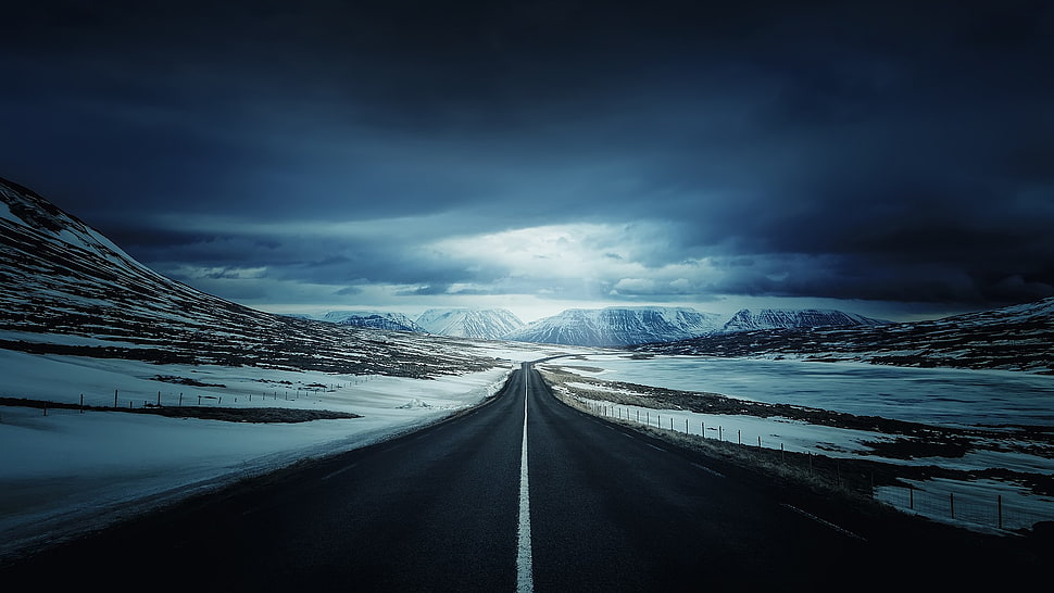 white and blue floral mattress, road, mountains, snow, clouds HD wallpaper
