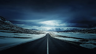 white and blue floral mattress, road, mountains, snow, clouds