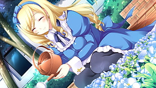 female anime character wears blue and white long-sleeved dress