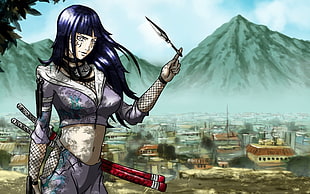 anime woman standing holding throwing knife near city and mountain