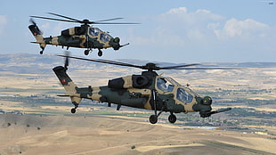 two green-and-beige camouflage helicopters