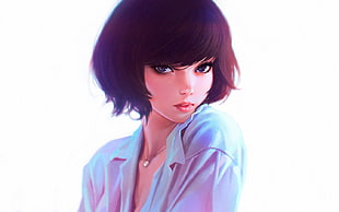 woman wearing blue collared top anime