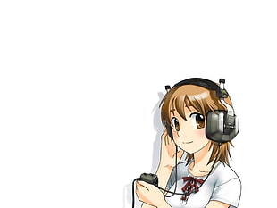 brown-haired female using black headset anime graphic poster HD wallpaper