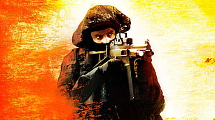 soldier portrait painting, Counter-Strike: Global Offensive, orange background, video games HD wallpaper