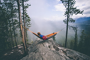 gray and orange hammock, landscape, hammocks, vacation, relaxing HD wallpaper