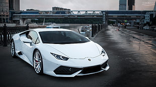 white Lamborghini Huracan coupe, urban, cityscape, car, white cars